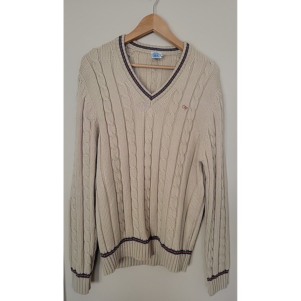 Vtg Ocean Pacific Mens Chunky Cable Knit Stripe Fisherman Sweater Sz L 80s 90s